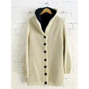 Handmade Chunky Knit Hooded Cardigan Sherpa Lined Cream Lagenlook Sweater